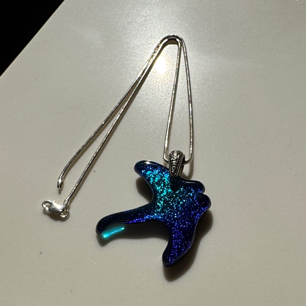 Blue and Green Manta Ray pendant on silver chain necklace